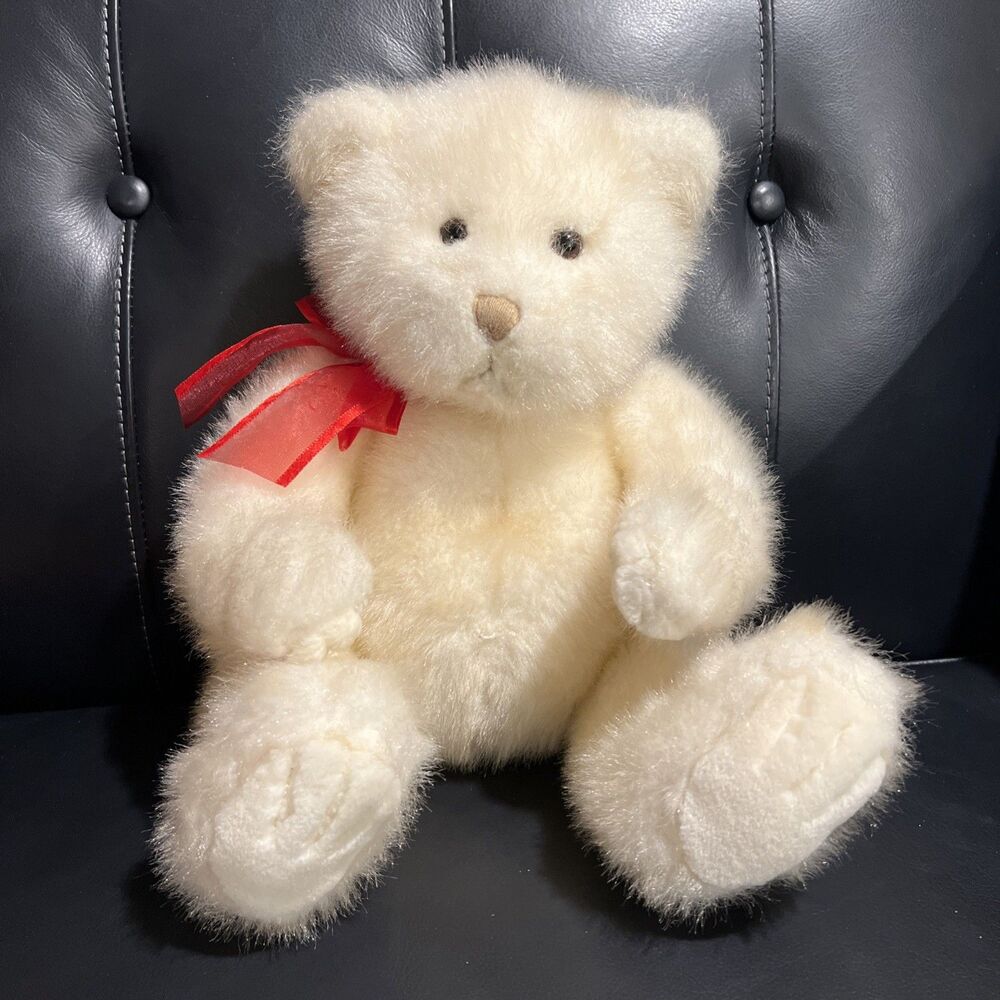 Gund, Cream or Off White Teddy Bear with Red Bow, sitting, about 11" Gund 44561